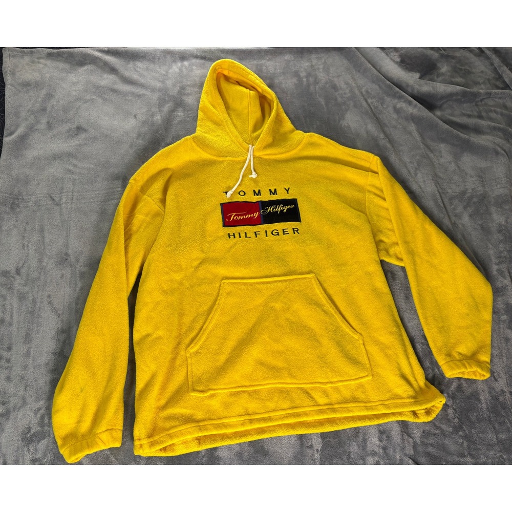 Tommy Hilfiger Mens Vintage Fleece Hoodie Pit 26 L 30 Yellow No Size Tag